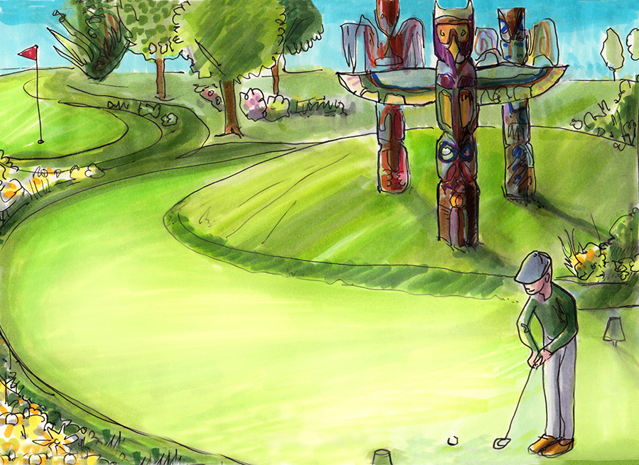 Golfer putting on a green near totem pole.