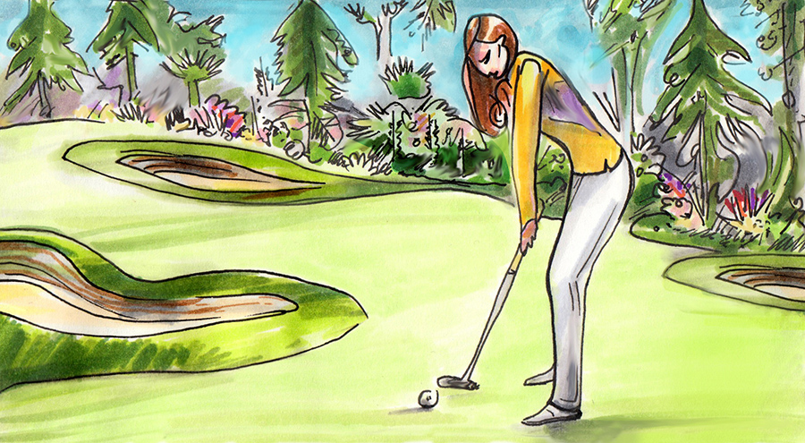 Woman playing golf on a sunny day.