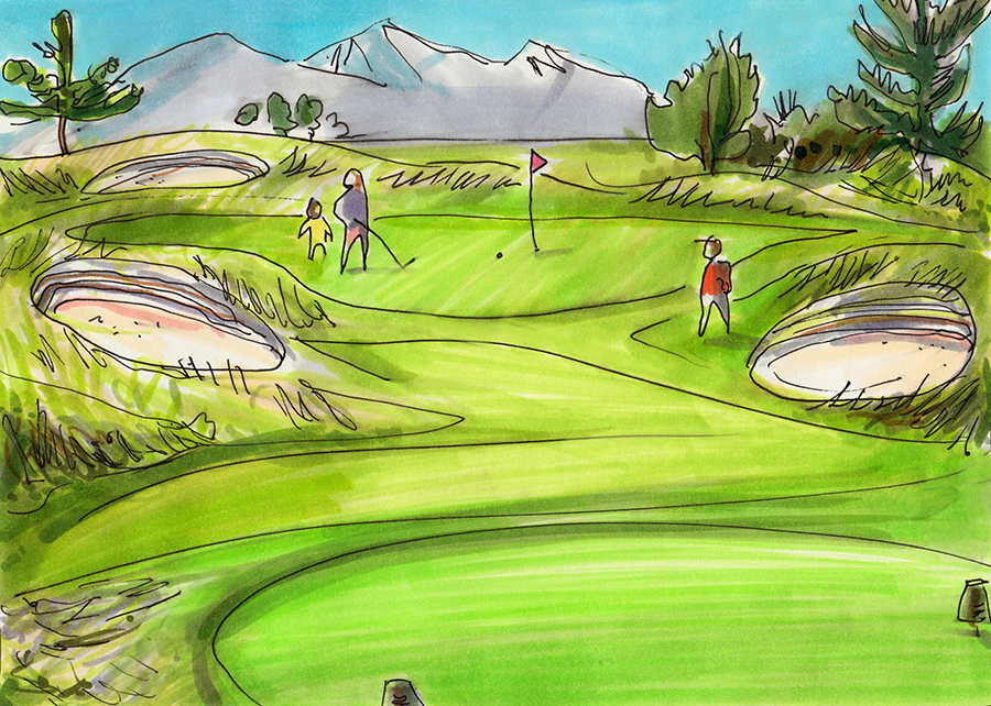 Golf course with players and sand bunkers.